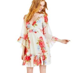 Betsey Johnson Floral Rose Bambi boho mini dress bell sleeve sz 2